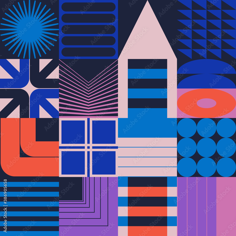 Poster acid techno aesthetics of new wave abstract vector pattern graphics made with colorful geometric sha