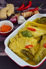 Opor ayam, chicken cooked in coconut milk from Indonesia, from Central Java, added with boiled eggs, served with lontong and sambal. Popular dish for lebaran or Eid al-Fitr
