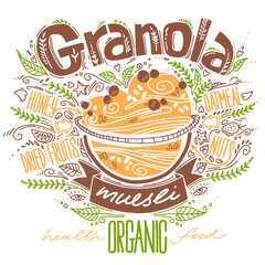 granola in doodle style with lettering on white. vector illustration with breakfast organic food. healthy food concept. oatmeal porridge recipe.