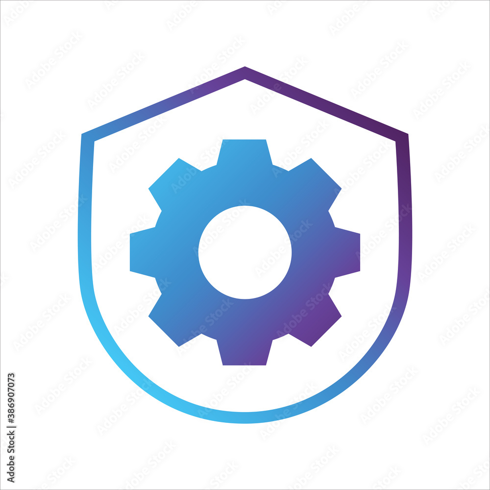 Poster security shield icon. shield with setting gear symbol. concept of security adjustment. gradient styl