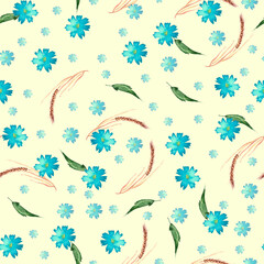 Watercolor vintage pattern. Seamless background with a pattern - blue flower cornflower, cloves.spikelet, cereal.Beautiful splash of paint, art background for fabric, paper, textiles. Blue wild flower