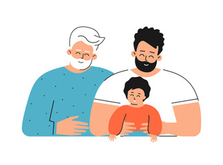 Vector isolated concept for Father's day with flat cartoon characters. Multigenerational family. Daddy is handsome young adult man, he hugs his cute little kid, happy senior grandfather smiles