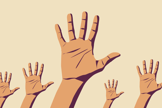 Bold art collage. Concept of Helping. Five open hands showing their palm. Light yellow background
