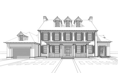 3d rendering of modern cozy classic house in colonial style with garage and pool for sale or rent with beautiful landscaping on background. Black line sketch with soft light shadows on white backgroun