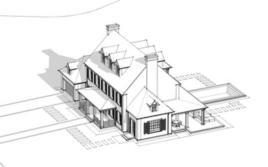 3d rendering of modern cozy classic house in colonial style with garage and pool for sale or rent with beautiful landscaping on background. Black line sketch with soft light shadows on white backgroun