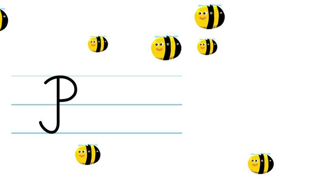 B letter writing like bee cartoon animation. A compatibile part of the alphabet serie. Handwriting educational style for children. Good for education movies, presentation, learning alphabet, etc...