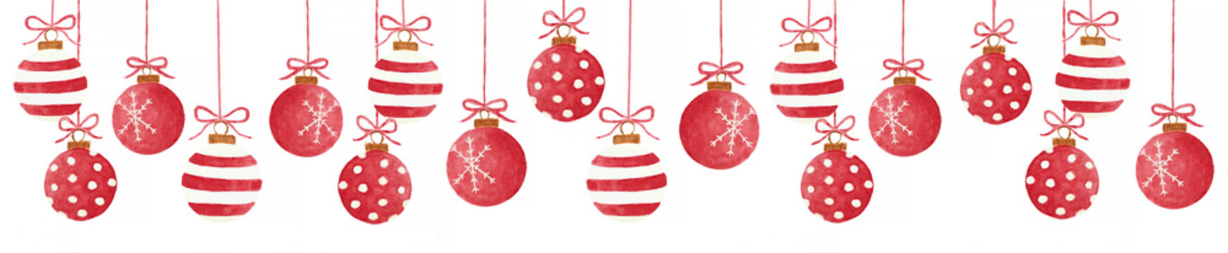 Collage of red Christmas hanging baubles on white, watercolor