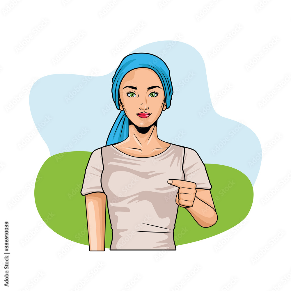 Poster cute young woman wearing head scarf pop art style