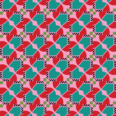 Vector seamless pattern texture background with geometric shapes, colored in pink, red, black, green, blue colors.