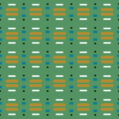 Vector seamless pattern texture background with geometric shapes, colored in green, brown, blue, black, white colors.