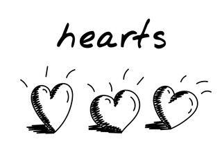 Heart outline icons. Set of three handdrawn vector illustrations of black and white outlined hearts with shadow. Black and white icons of heart love symbol. Represents concept of love, friendship