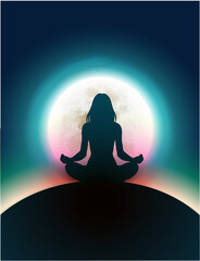 silhouette of a young women in the lotus yoga pose with bright mystical moon sphere and colorful lights in the background  - 386911644