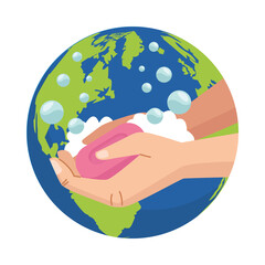 hands washing cleaning with soap bar and earth planet