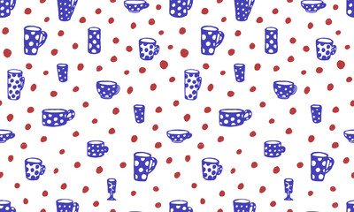 Doodle cup illustration. Simple hand drawn vector seamless pattern. Teacup with polka dots pattern. Kitchen ceramic object