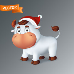 Funny silver Ox animal in red Santa's hat. Symbol of the year in the Chinese zodiac calendar. 3d cartoon vector illustration of the white smiling bull isolated on a grey background
