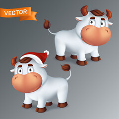 Set of funny silver Ox animals in red Santa's hat. Symbol of the year in the Chinese zodiac calendar. 3d cartoon vector illustration of two white smiling bulls isolated on a grey background