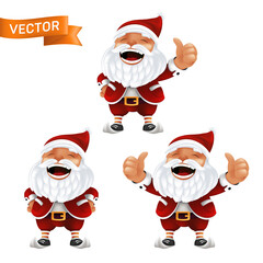 Funny cartoon set of the little Santa Claus mascots without eyeglasses in a red hat with thumbs up. Vector illustration of laughing characters with white beard isolated on a white background