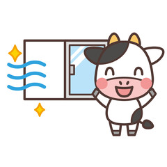 窓を開けて換気する牛のキャラクター