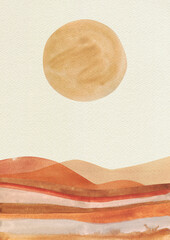 Orange sun circle, beige sky, terracotta desert landscape. Abstract modern poster. Watercolor simple drawing. - 386912607