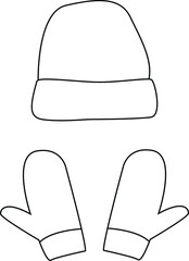 Line art dog, illustration of a winter hat and mittens.