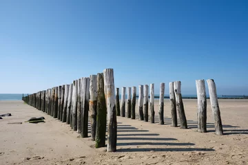 Foto auf Acrylglas Wooden Posts of a beach erosion protection system along the beach at the town of Vlissingen in Zeeland Province in the Netherlands © Tjeerd
