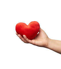 Fototapeta premium female hand holds red textile heart, white background