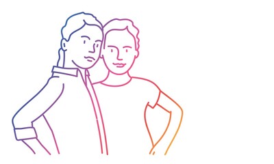 Two cute girls are hugging. Gradient line. Vector illustration.