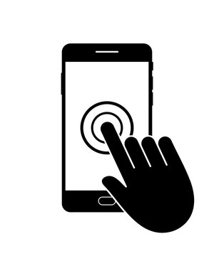 Icon Phone. Mobile App In Smartphone. Finger Click On Touch Screen. Service Of Healthcare In Cellphone. Push Button On Device. Tap Of Hand On Digital Touchscreen. Symbol Of Smart Telephone. Vector