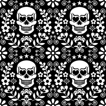 Mexical skull and flowers vector seamless pattern, white Halloween and Day of the Dead floral repetitive design on black - folk art style
