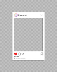 Frame for social post. Frame for photo in social media.Template of profile, post and message with interface, comment and like. Mockup and icon for phone and app. Social network concept. Vector
