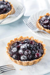 Close up of fresh blueberry tarts against a white background.