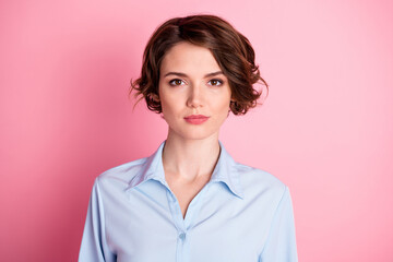 Fototapeta premium Closeup photo of attractive pretty business lady good mood smiling without teeth charming cute appearance self-confident person wear blue office shirt isolated pink pastel color background