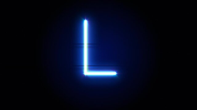 Neon font letter L uppercase appear in center and disappear after some time. Animated blue neon alphabet symbol on black background. Looped animation.