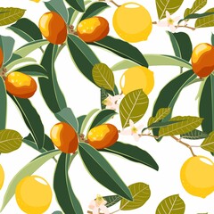 Cartoon style seamless pattern with Fortunella or Kumquat and lemon exotic fruits, flowers and leafs on white background for print, cloth texture or wallpaper.