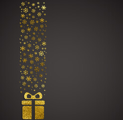 Gold texture gift box under the falling snowflakes. Xmas golden snow and surprise on black background. Vector present for Christmas or New Year greating card design