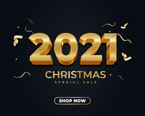 Christmas 2021 sale banner with 3d gold number and gold ribbon on dark background