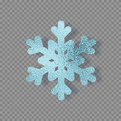 Blue silver frozen foil snowflake. Turquoise sparkle glossy texture decor isolated on transparent background. Vector shiny metallic pattern for Christmas, New Year card design