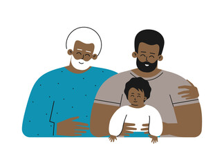 Vector isolated concept for Father's day with flat cartoon characters. Multi generational african american family. Dad is happy young adult man hugging his cute little baby, senior grandfather smiles