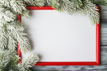 Fototapeta na wymiar Red frame with blank white background and frosty Christmas tree branches