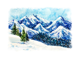 Mountain winter landscape. Watercolor hand drawn illustration. Watercolor christmas. Winter forest. Snowy mountain slope
