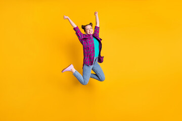 Full length photo of attractive crazy teen lady jump high up air flight ecstatic champion marathon...