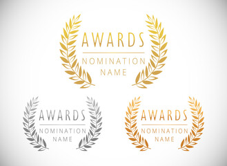 Awards logotype set. Isolated abstract graphic design template. First, second, third place symbols. Cup elements collection, white background. Decorative congrats. Tradition greetings. Round palms. 