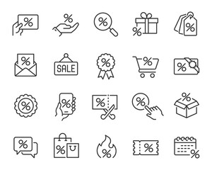 Discounts and Sales Icons Set. Collection of simple linear web icons such Discount Gift, Discount Coupons, Sales, Black friday, Discount Search, Coupon Presenting and others. Editable vector stroke.