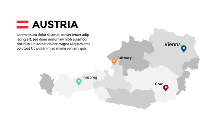 Austria vector map infographic template. Slide presentation. Vienna, Salzburg, Innsbrug, Graz. Color Europe country. World transportation geography data. 