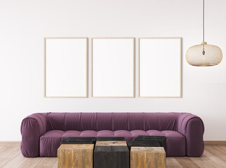 Frame mockup in bright living room interior, modern sofa on white wall, 3d render