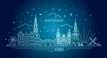 Amsterdam travel landmark of historical building thin line icon