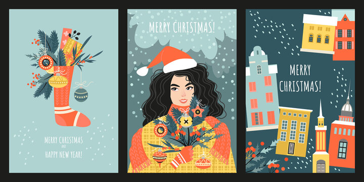 Set of vector cards or banners for Christmas and New Year with decorated sock, cute girl and winter cityscape