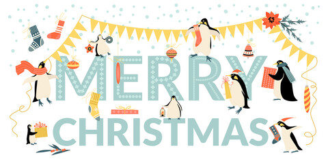 Vector banner for Christmas and with funny penguins, decorations and gifts on the background of the congratulatory text.