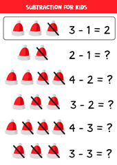 Subtraction with cartoon red Santa cap. Math game for kids.