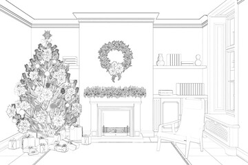 Sketch of a cozy New Year's interior with gifts under an elegant Christmas tree, with a fireplace, an armchair near the window, shelves with books in the background. Front view. 3d render